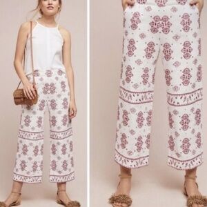 Anthropologie White and Pink Patterned Cropped Pants